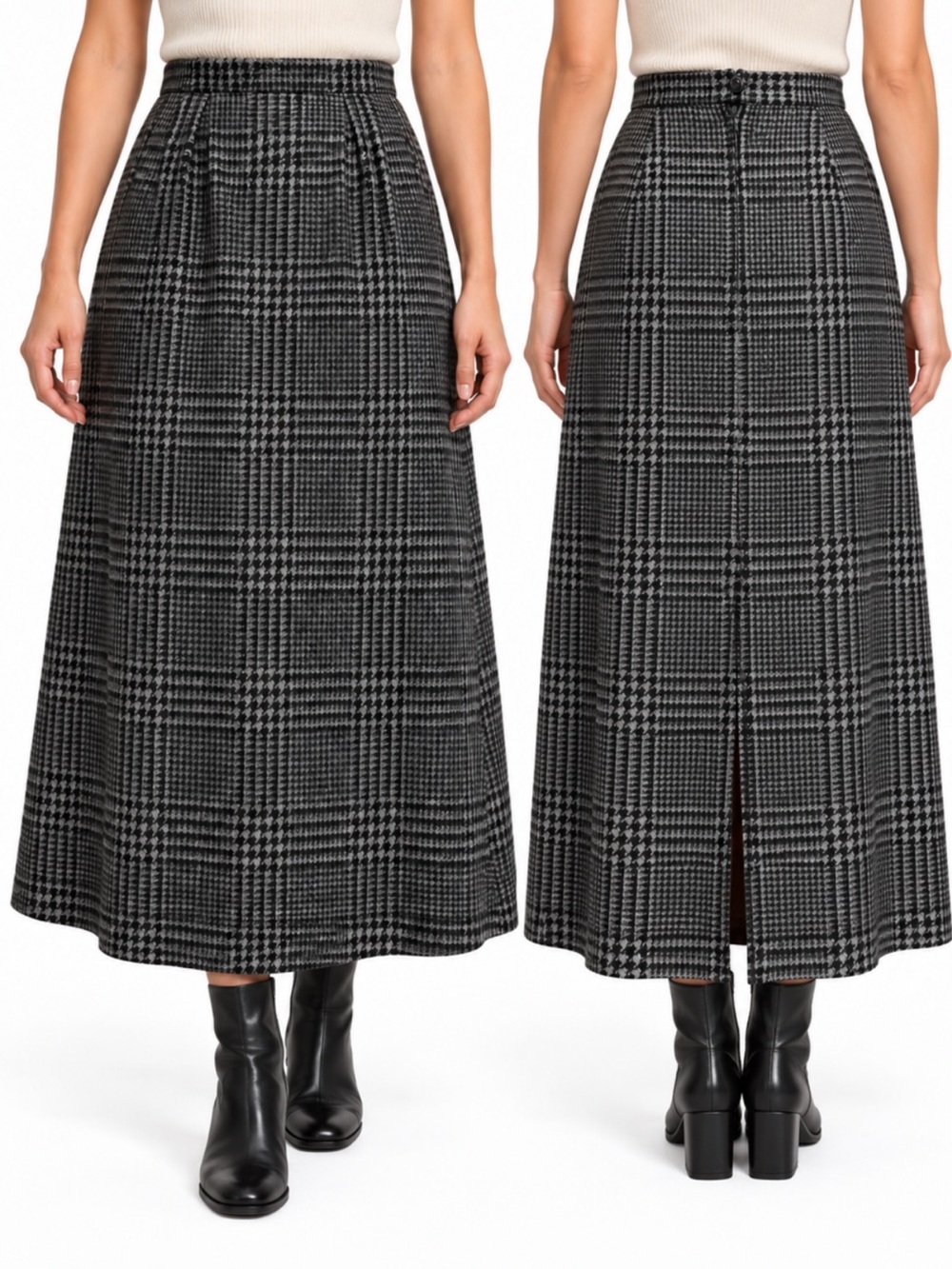 Boutique Collection Vintage 100% Wool Black Grey Plaid Midi Skirt Size Small